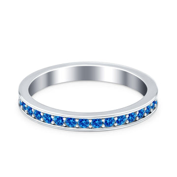 Full Eternity Stackable Band Wedding Ring Simulated Blue Topaz CZ 925 Sterling Silver